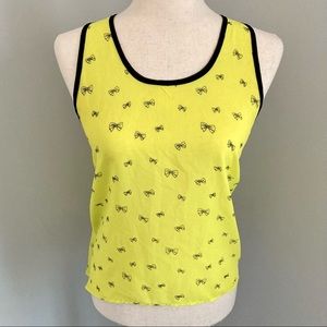 Tramp Bright Yellow Racerback Tank Top with Black Bow Print and Trim